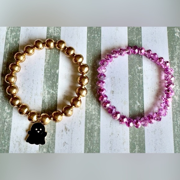 New Halloween Beaded Pink & Gold Tone Adult Size Bracelets w/ Ghost Charm - 8” - Picture 7 of 7